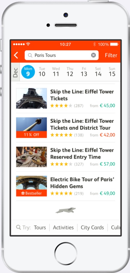 Search screen of the GetYourGuide app